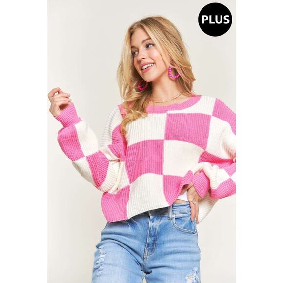 ADORA Plus Size Comfy Checkered Color Block Oversized Pullover Sweater | Pink - Picture 2 of 6